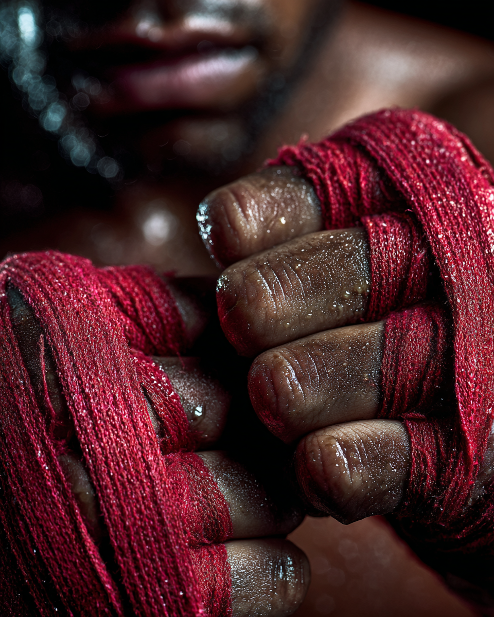 Manos vendadas con vendas rojas de boxeo